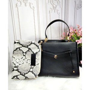 Dream Control Black Handbag with Matching Snake Print Cosmetic Bag. Big Gld Hdwr